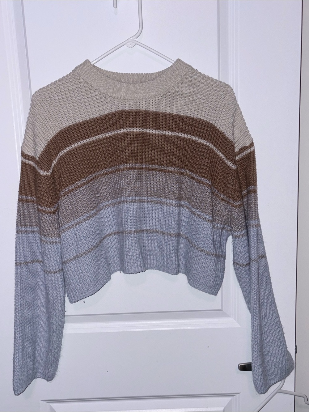 Garage Striped Crewneck Sweater in Beige, Brown & Light Blue (CROPPED)